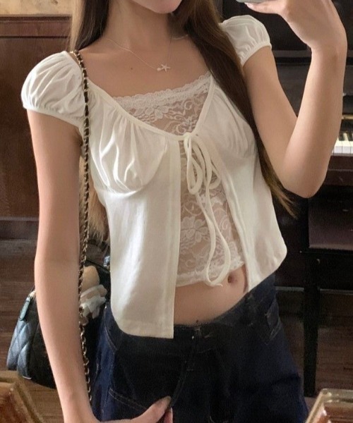 SHEENA(シーナ)の「レースレイヤード風リボンギャザートップス(Tシャツ/カットソー・レディース・ブラック/ホワイト・M)」の10枚目の写真