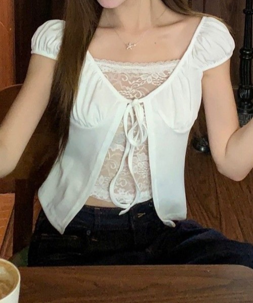 SHEENA(シーナ)の「レースレイヤード風リボンギャザートップス(Tシャツ/カットソー・レディース・ブラック/ホワイト・M)」の14枚目の写真