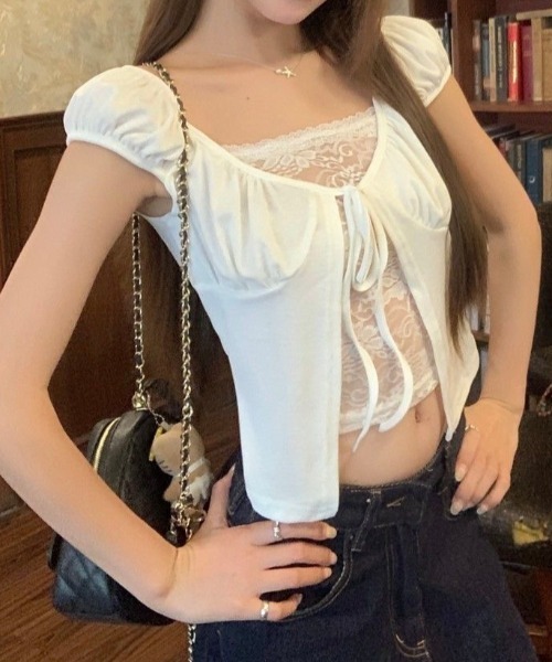 SHEENA(シーナ)の「レースレイヤード風リボンギャザートップス(Tシャツ/カットソー・レディース・ブラック/ホワイト・M)」の15枚目の写真