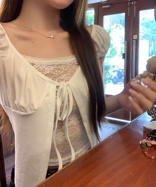 SHEENA(シーナ)の「レースレイヤード風リボンギャザートップス(Tシャツ/カットソー・レディース・ブラック/ホワイト・M)」の19枚目の写真