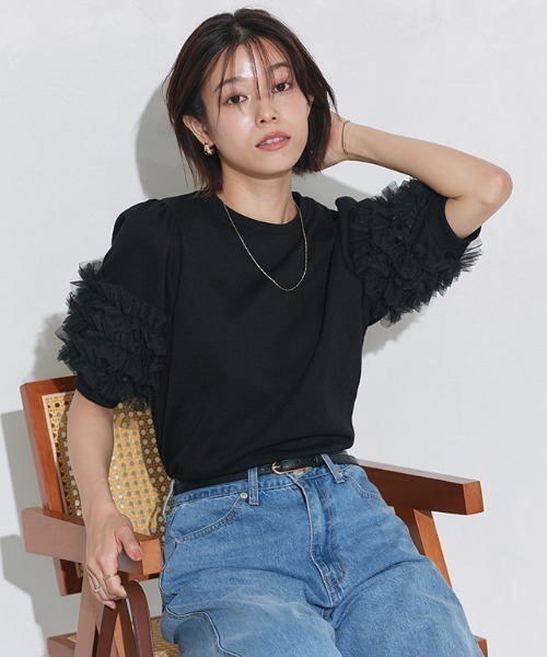 Pierrot(ピエロ)の「チュールスリーブプルオーバー(Tシャツ/カットソー・レディース・杢グレー/オフホワイト/ブラック・L/M)」の8枚目の写真