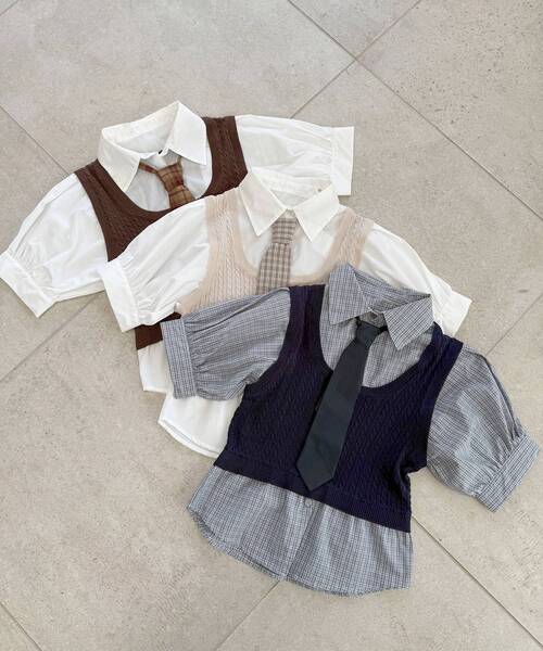 MAJESTIC LEGON（マジェスティックレゴン）の「ネクタイセットシャツドッキングニット（ニット/セーター・レディース・ブラウン/ネイビー/ベージュ・MEDIUM）」の4枚目の写真