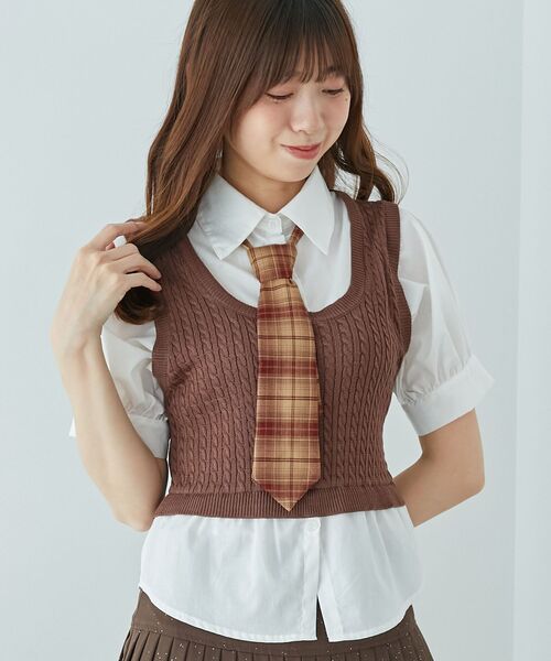 MAJESTIC LEGON（マジェスティックレゴン）の「ネクタイセットシャツドッキングニット（ニット/セーター・レディース・ブラウン/ネイビー/ベージュ・MEDIUM）」の16枚目の写真