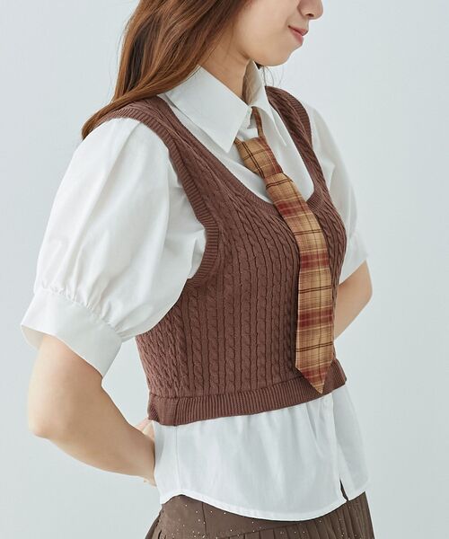 MAJESTIC LEGON（マジェスティックレゴン）の「ネクタイセットシャツドッキングニット（ニット/セーター・レディース・ブラウン/ネイビー/ベージュ・MEDIUM）」の17枚目の写真