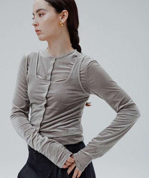 ADAM ET ROPE'（アダムエロペ）の「マルチWAYシアートリコットベロアカーディガン（カーディガン/ボレロ・レディース・ライトグリーン/キナリ/ブラック/グレー・FREE）」の4枚目の写真