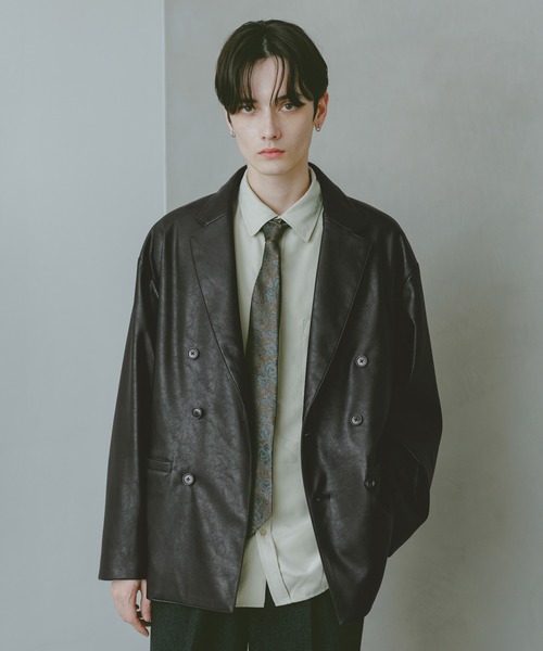 セール】シンセティックレザー/ダブルテーラードジャケット