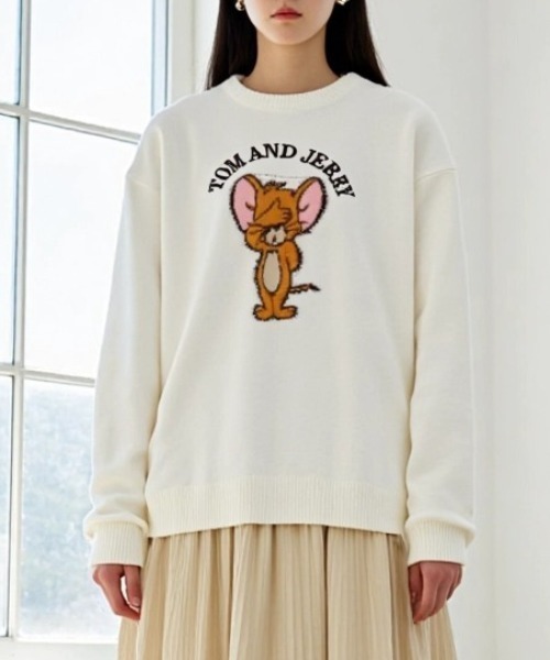 Tom＆Jerry（トムアンドジェリー）の「2025AW Tom and Jerry/トムとジェリー オーバーサイズ ジャガード刺繍ニット レディース メンズ（ニット/セーター・レディース・ホワイト系その他/ベージュ/スミクロ/ネイビー/ブルー系その他/サックスブルー/オフホワイト/ブラック系その他・M/L/LL）」の9枚目の写真