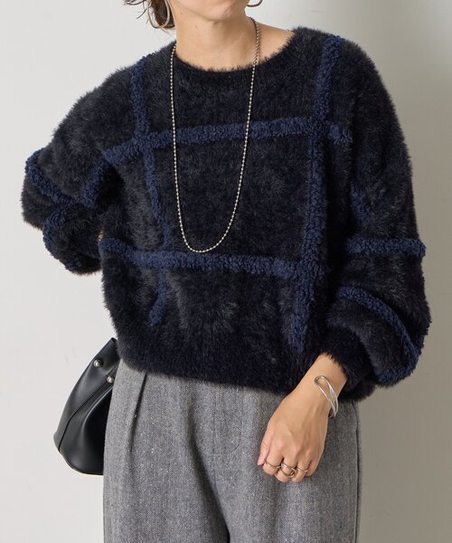 Jena espace merveilleux（ジェナ　エスパスメルヴェイユ）の「【一枚で決まる】チェック柄シャギーニット（ニット/セーター・レディース・ブラック/グレー/オフホワイト・FREE）」の3枚目の写真