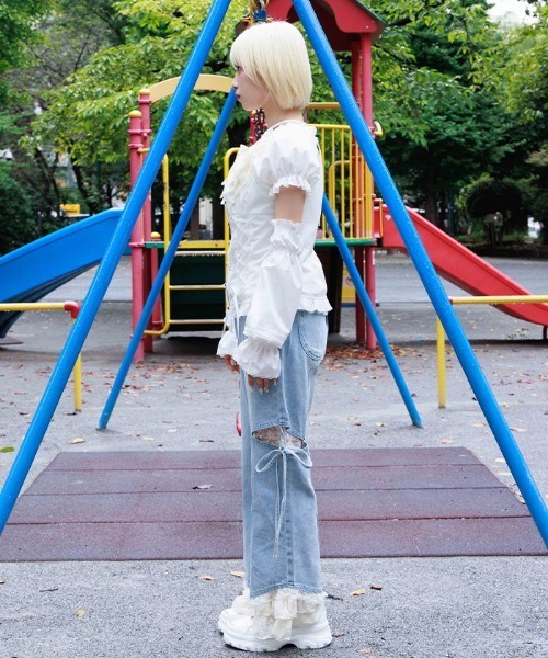 axes femme（アクシーズファム）の「レース付スリット×リボンパンツ（その他パンツ・レディース・カーキ/ケミカルウォッシュ・FREE）」の3枚目の写真