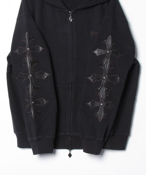 SUPPLIER（サプライヤー）の「A'GEM/9 × .kom 『SUPPLIER/サプライヤー』 Cross Leather Patch Thermal Zip Hoodie/クロスレザーパッチ サーマル ジップアップパーカー（パーカー・メンズ・ベージュ/ブラック・XL/L/M）」の9枚目の写真