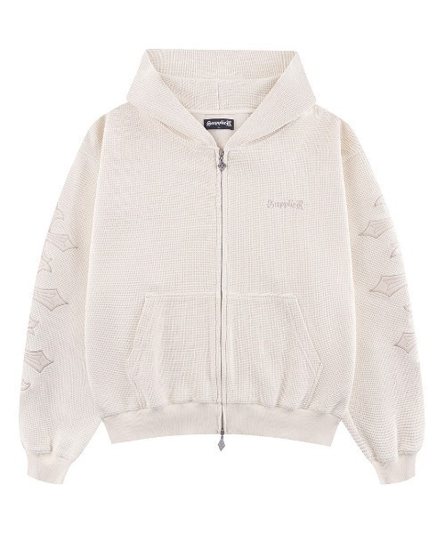 SUPPLIER（サプライヤー）の「A'GEM/9 × .kom 『SUPPLIER/サプライヤー』 Cross Leather Patch Thermal Zip Hoodie/クロスレザーパッチ サーマル ジップアップパーカー（パーカー・メンズ・ベージュ/ブラック・XL/L/M）」の2枚目の写真