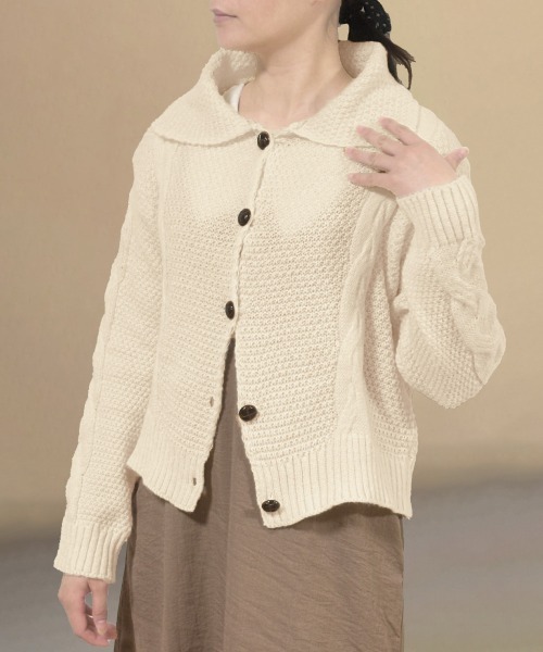 Miniministore（ミニミニストア）の「ケーブル編みニットカーディガン ビッグ襟（カーディガン/ボレロ・レディース・グリーン・FREE）」の5枚目の写真