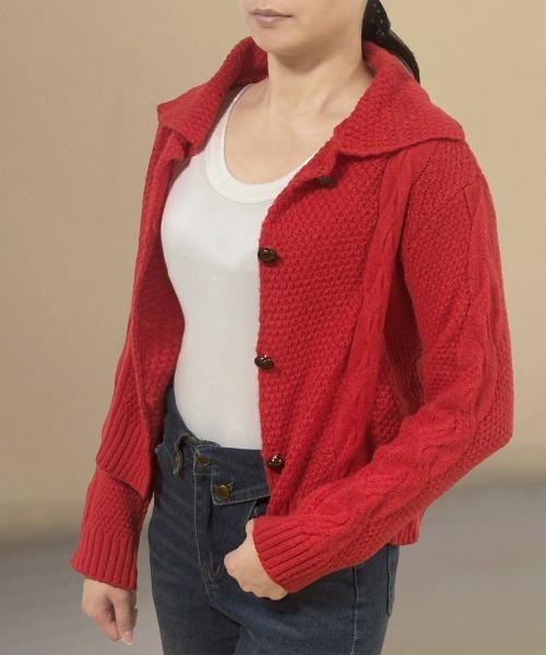 Miniministore（ミニミニストア）の「ケーブル編みニットカーディガン ビッグ襟（カーディガン/ボレロ・レディース・グリーン・FREE）」の7枚目の写真