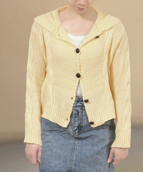 Miniministore（ミニミニストア）の「ケーブル編みニットカーディガン ビッグ襟（カーディガン/ボレロ・レディース・グリーン・FREE）」の8枚目の写真
