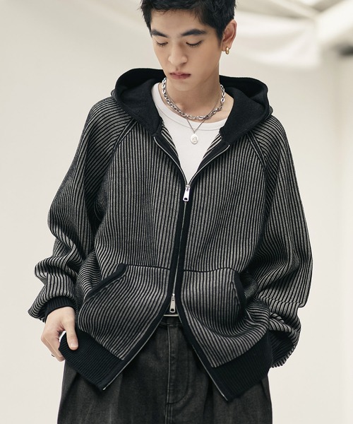 ウール混 ダブルジップ 2トーン ニットパーカー（パーカー）｜Bleme