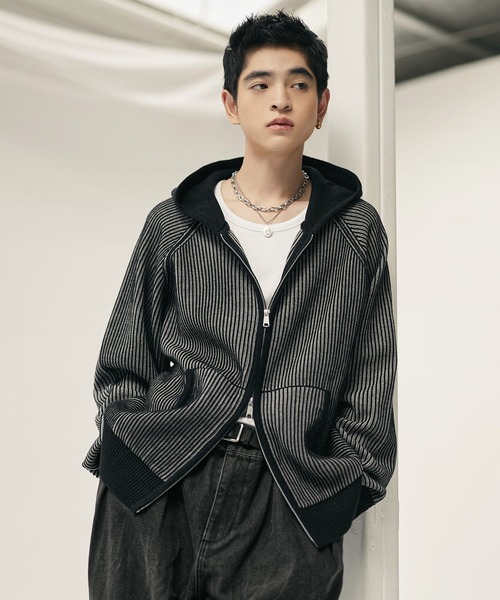 Bleme(ブレム)の「ウール混 ダブルジップ 2トーン ニットパーカー(パーカー・メンズ・グレー/ブラック/ブラウン・M/S/XL/L)」の6枚目の写真