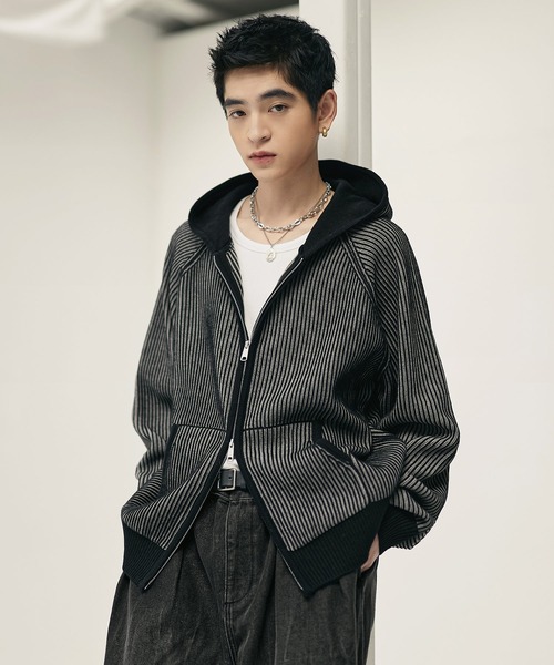 ウール混 ダブルジップ 2トーン ニットパーカー（パーカー）｜Bleme