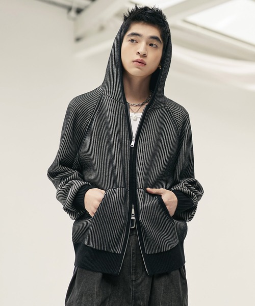 Bleme（ブレム）の「ウール混 ダブルジップ 2トーン ニットパーカー