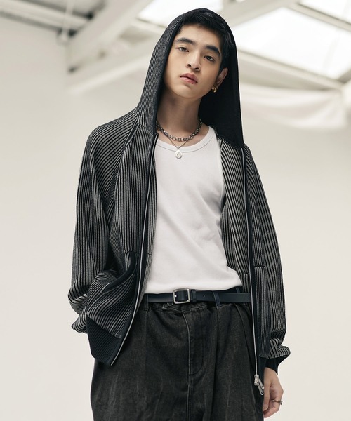 ウール混 ダブルジップ 2トーン ニットパーカー（パーカー）｜Bleme