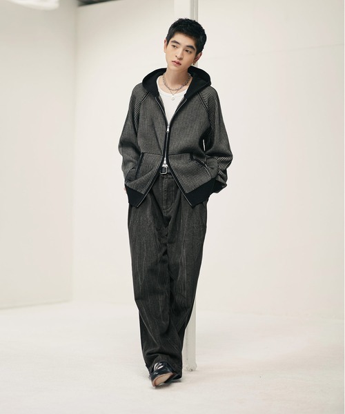 ウール混 ダブルジップ 2トーン ニットパーカー（パーカー）｜Bleme