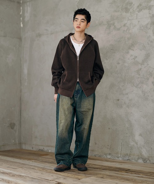 スカル柄フルジップパーカー UOMO GEMMA.H メリノウールパーカーL ステッチデザインショート丈ダブル パーカー ROCHEM（ローシェン） トップス