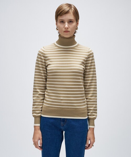 cloenc（クロエンス）の「【手洗い可】カシミヤ混リブボーダータートルニット（ニット/セーター・レディース・ベージュ系2/ホワイト系3/ブラック系2・02）」の5枚目の写真