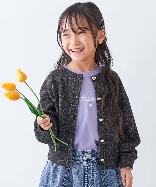 devirock（デビロック）の「ハートボタン付き きらめくラメミニ裏毛 カーディガン（カーディガン/ボレロ・キッズ・ピンク系/ブラック系/ホワイト系/ネイビー系・100cm/110cm/120cm/130cm/140cm/150cm/160cm）」の3枚目の写真
