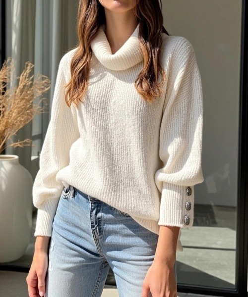 cammie（キャミー）の「袖ボタンハイネックリブニットトップス（ニット/セーター・レディース・ベージュ/ホワイト/ブルー/ブラック・M/L）」の7枚目の写真