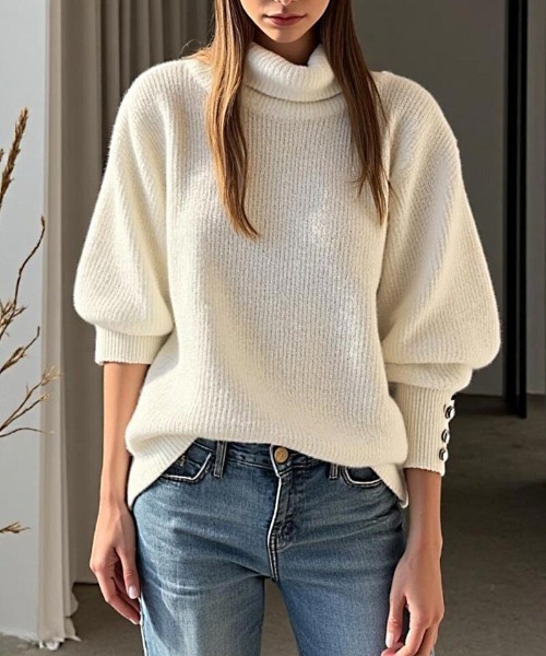 cammie（キャミー）の「袖ボタンハイネックリブニットトップス（ニット/セーター・レディース・ベージュ/ホワイト/ブルー/ブラック・M/L）」の8枚目の写真