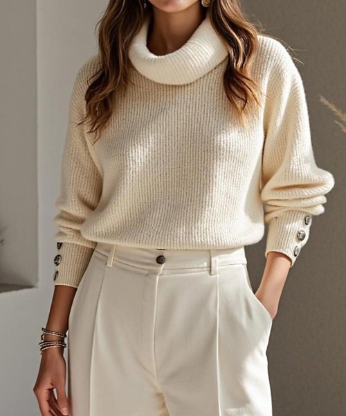 cammie（キャミー）の「袖ボタンハイネックリブニットトップス（ニット/セーター・レディース・ベージュ/ホワイト/ブルー/ブラック・M/L）」の14枚目の写真