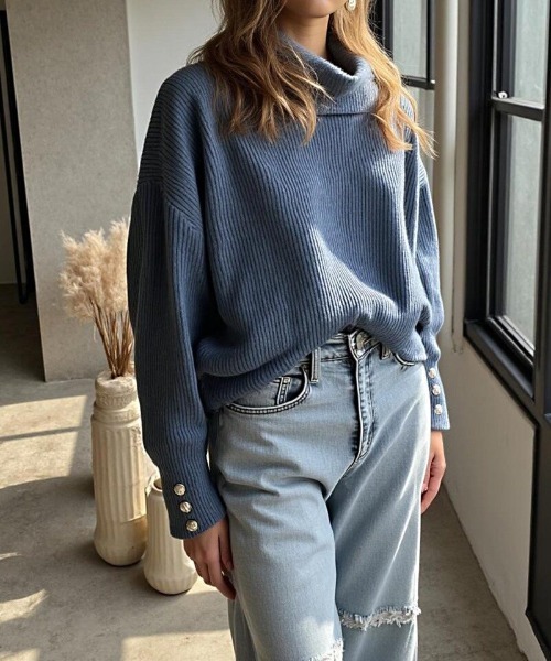 cammie（キャミー）の「袖ボタンハイネックリブニットトップス（ニット/セーター・レディース・ベージュ/ホワイト/ブルー/ブラック・M/L）」の18枚目の写真