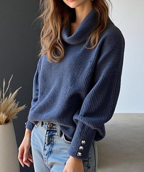 cammie（キャミー）の「袖ボタンハイネックリブニットトップス（ニット/セーター・レディース・ベージュ/ホワイト/ブルー/ブラック・M/L）」の20枚目の写真