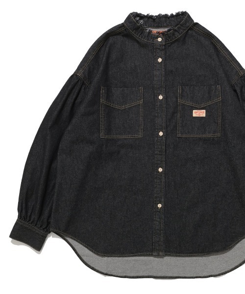 KRIFF MAYER Lady's Collection(クリフメイヤーレディースコレクション)の「【綿100%】カットオフバンドカラーデニムシャツ(シャツ/ブラウス・レディース・ライトブルー/ブラック/ストライプ/ダークブルー・LARGE/MEDIUM)」の1枚目の写真