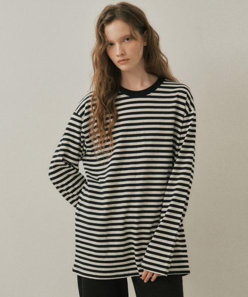 WEDNESDAYOASISFORWOMEN(ウェンズデー オアシス フォー ウーマン)の「W/ピュアコットンストライプロングスリーブ_BLACK(W25-TP37)(Tシャツ/カットソー・レディース・ブラック・MEDIUM/LARGE)」の2枚目の写真