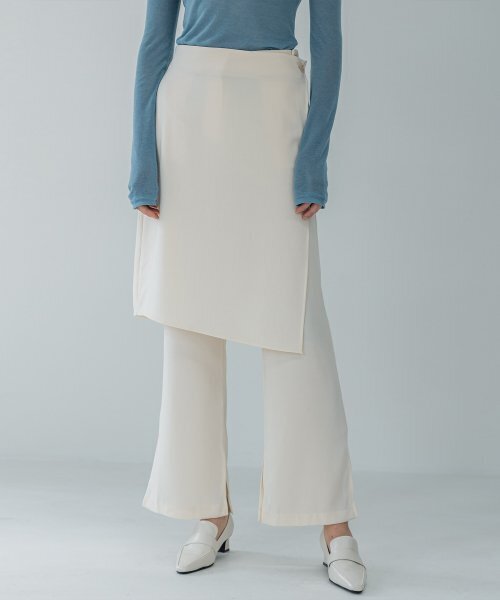 Wrap skirt Layerd Semi-bootcut Slit Span Slacks Cream