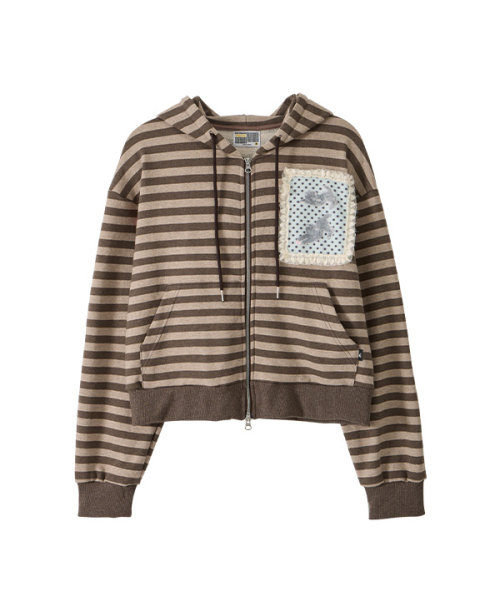 Lace Frame Stripe Hood Zip-Up_Brown（パーカー）｜youthbath（ユース