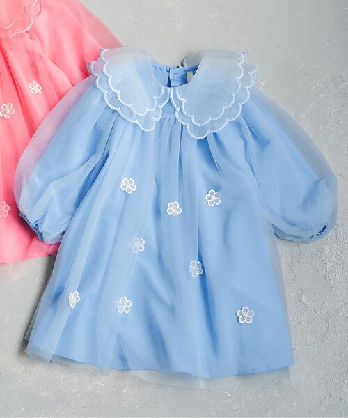 apres les cours(アプレレクール)の「スカラップ衿チュールワンピース_アプレレクールマシェリ(ワンピース・キッズ・ピンク/サックスブルー・80/90/100/110/120/130)」の2枚目の写真