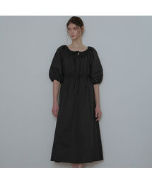 Ribbon Shirring Puff Long Dress [Black]