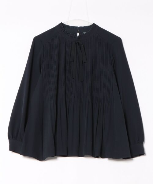 m.f.editorial（エムエフエディトリアル）の「【ストレッチ イージーケア】m.f.エディトリアル レディース 前身プリーツ リボン 長袖プルオーバーブラウス（シャツ/ブラウス・レディース・ネイビー/アイボリー・MEDIUM/LARGE）」の3枚目の写真