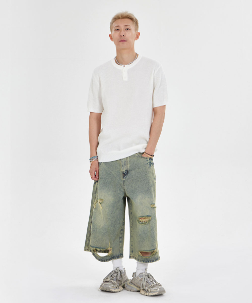 MAKEITTO（メイキット）の「ヘンリーネックワッフル半袖Tシャツ_ホワイト（ポロシャツ・メンズ・その他・M/L/XL）」の4枚目の写真