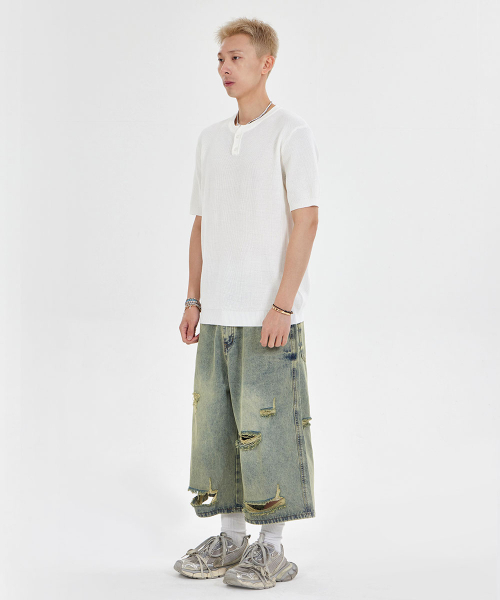 MAKEITTO（メイキット）の「ヘンリーネックワッフル半袖Tシャツ_ホワイト（ポロシャツ・メンズ・その他・M/L/XL）」の5枚目の写真