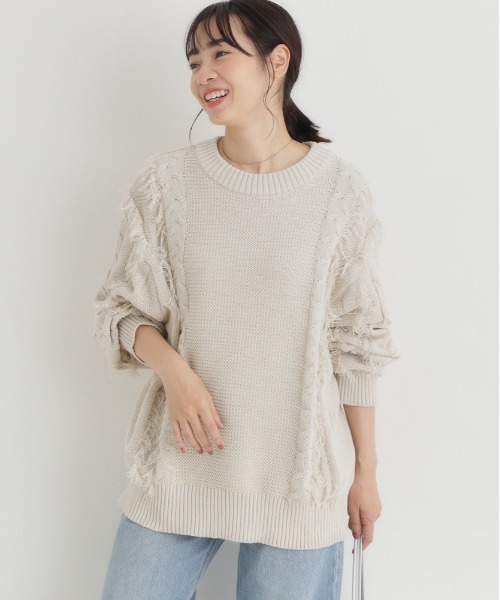Right-on(ライトオン)の「HONEYSUCKLE ROSE(ハニーサックルローズ)【レディース】ケーブルフリンジセーター(ニット/セーター・レディース・オフホワイト/ブラウン/ブルー・L/M)」の2枚目の写真