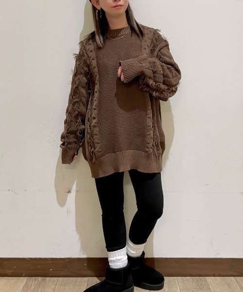 Right-on(ライトオン)の「HONEYSUCKLE ROSE(ハニーサックルローズ)【レディース】ケーブルフリンジセーター(ニット/セーター・レディース・オフホワイト/ブラウン/ブルー・L/M)」の9枚目の写真