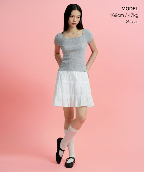 MUSINSA STANDARD WOMAN（ムシンサスタンダードウーマン）の「ウィメンズ ポインテール スクエアネック キャップスリーブ Tシャツ [メランジグレー]（Tシャツ/カットソー・レディース・その他・MEDIUM/X-SMALL/SMALL/LARGE）」の2枚目の写真