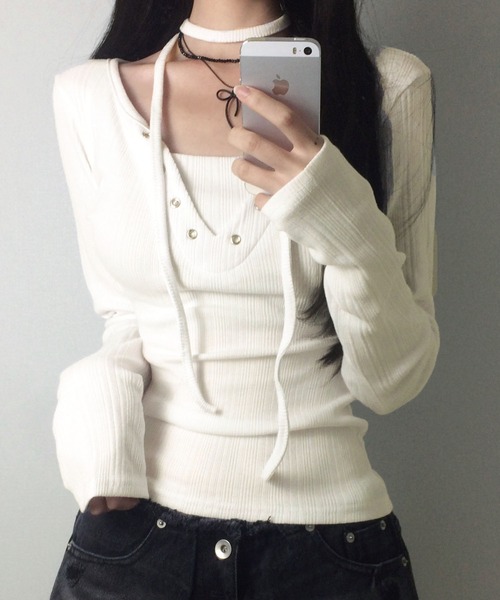 lulufa(ルルファ)の「フロントレースアップデザインロンT(Tシャツ/カットソー・レディース・グレー/ホワイト・LARGE/MEDIUM)」の1枚目の写真