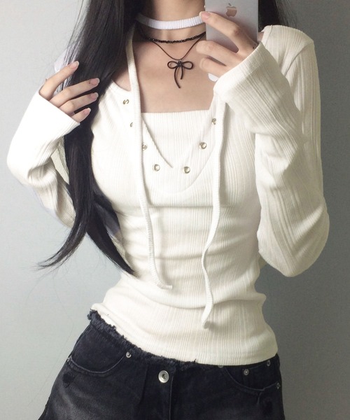 lulufa(ルルファ)の「フロントレースアップデザインロンT(Tシャツ/カットソー・レディース・グレー/ホワイト・LARGE/MEDIUM)」の3枚目の写真