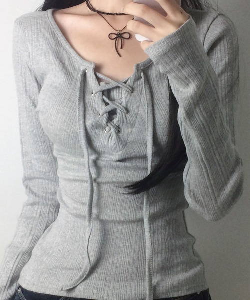 lulufa(ルルファ)の「フロントレースアップデザインロンT(Tシャツ/カットソー・レディース・グレー/ホワイト・LARGE/MEDIUM)」の14枚目の写真