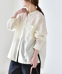 quaranciel:〈洗濯機可能〉リネン ミックス バンドカラー ポケット シャツ