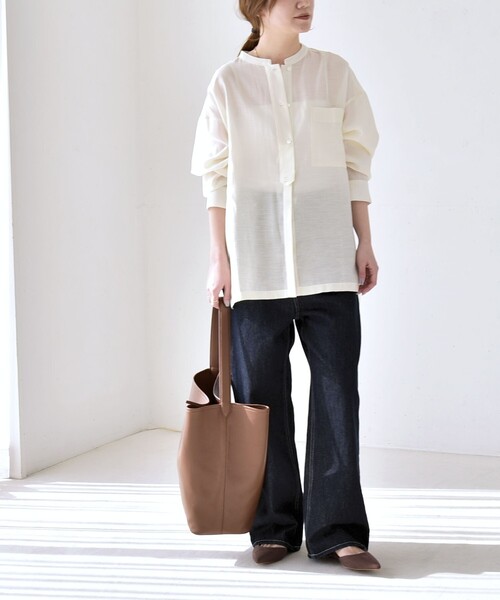 【パドカレ】ラミーソフトワッシャー バンドルダイシャツ リネンシャツ quaranciel:〈洗濯機可能〉リネン ミックス バンドカラー ポケット