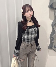 one way | チェック×ボレロ風トップス(Tシャツ/カットソー)
